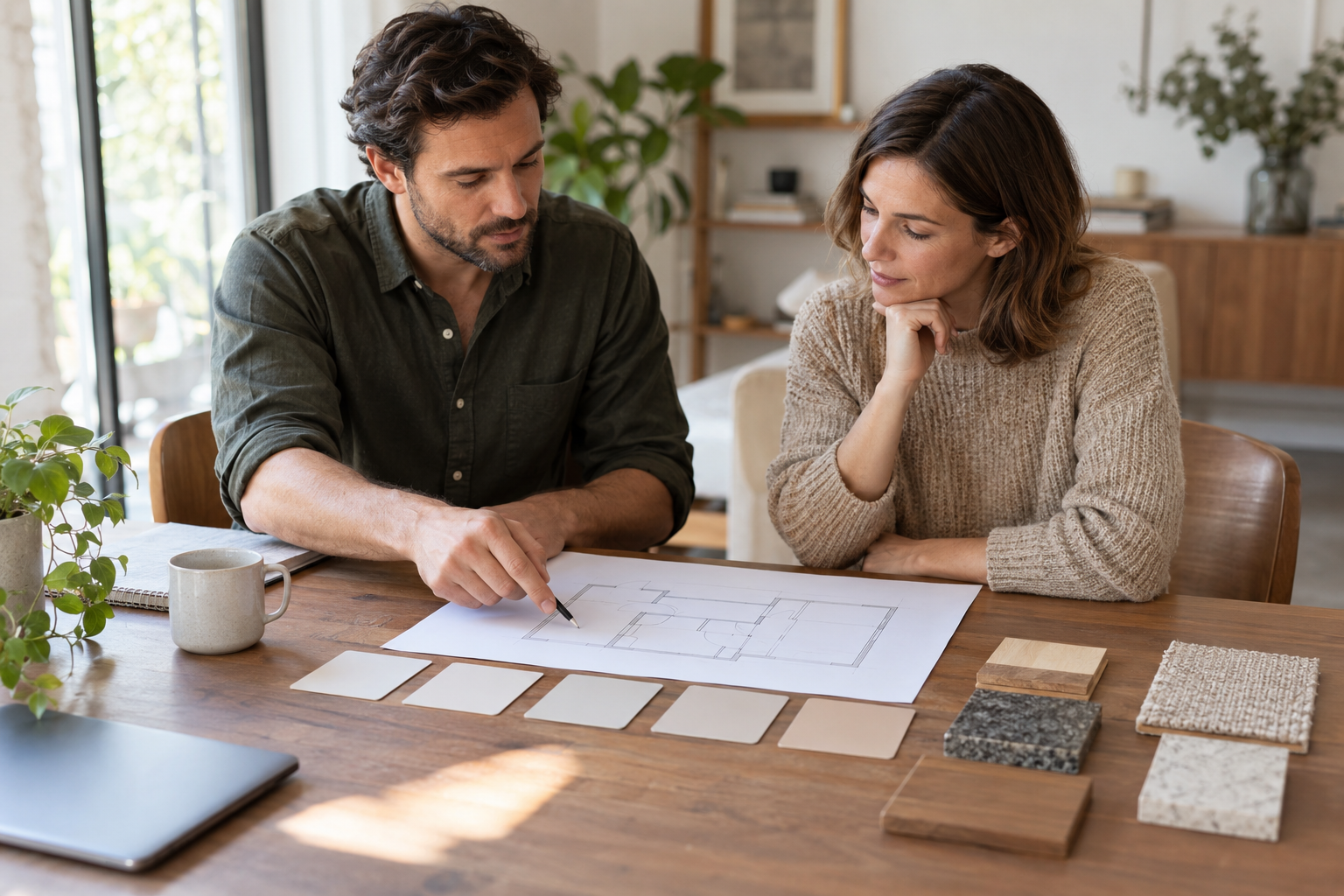 Dwoje dorosłych omawia układ wnętrza i karty scenariuszy przy biurku.