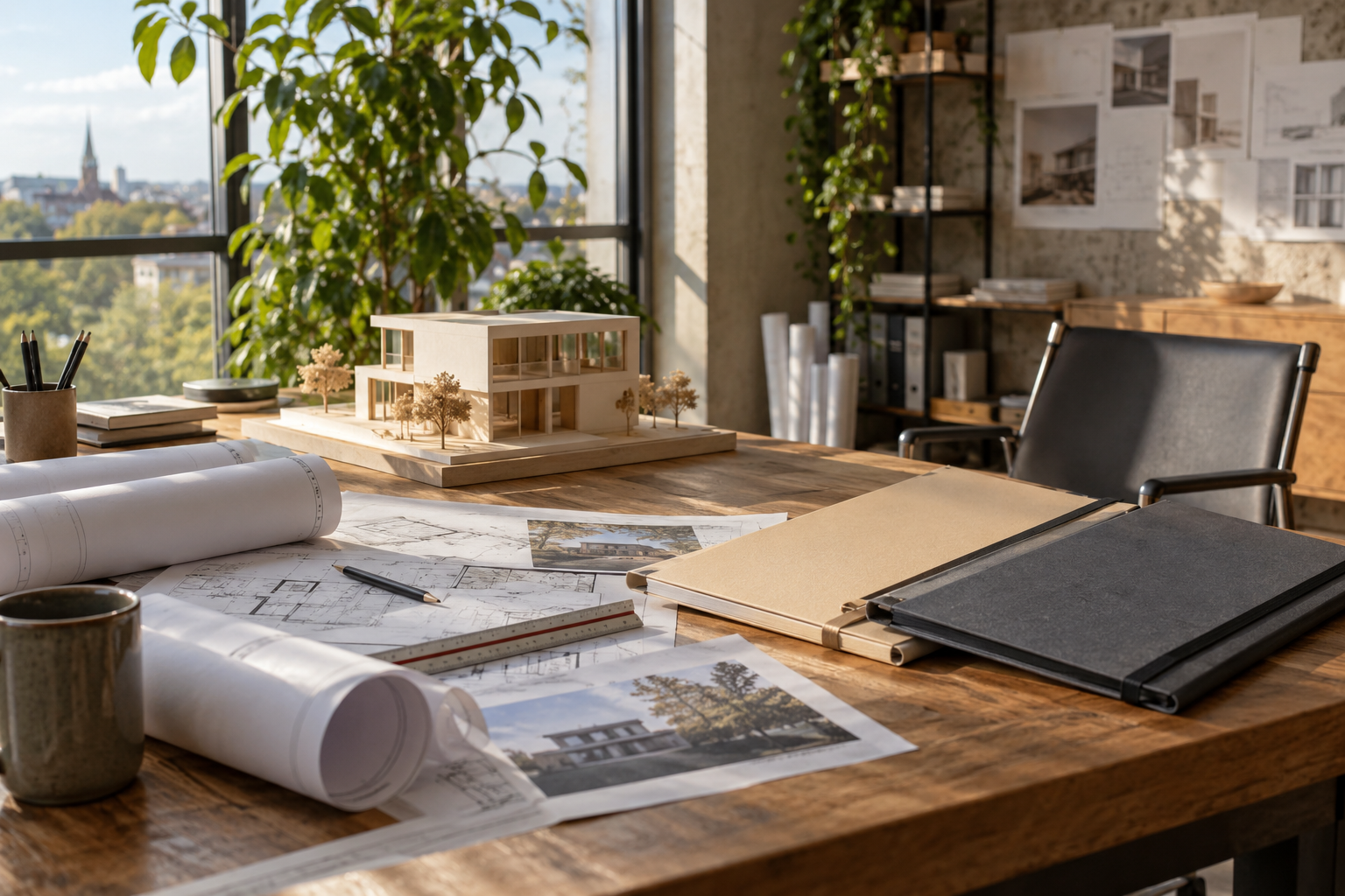 Dwie teczki projektowe i rysunki na biurku architekta