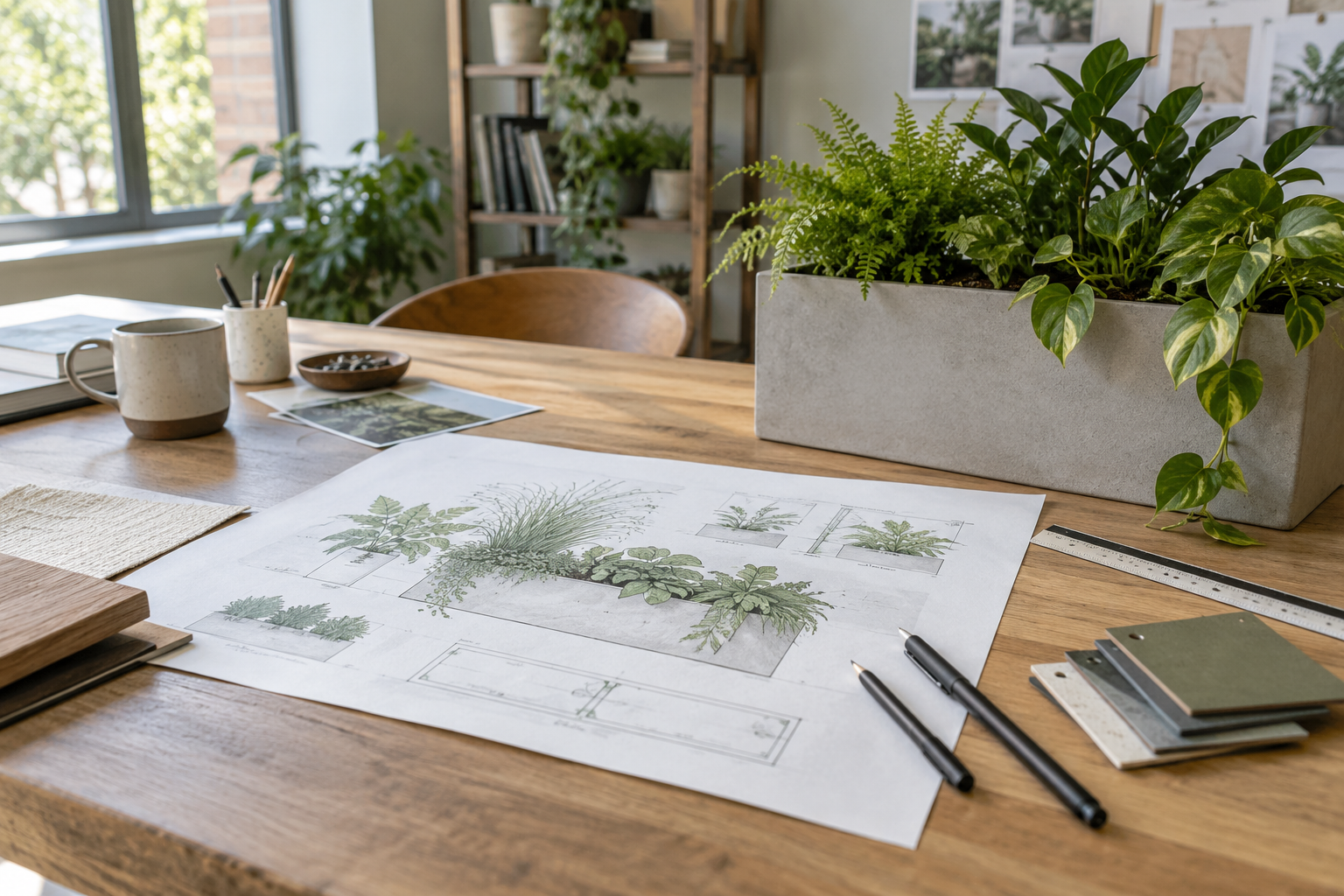 Szkic aranżacji roślin na biurku projektanta — ilustracja