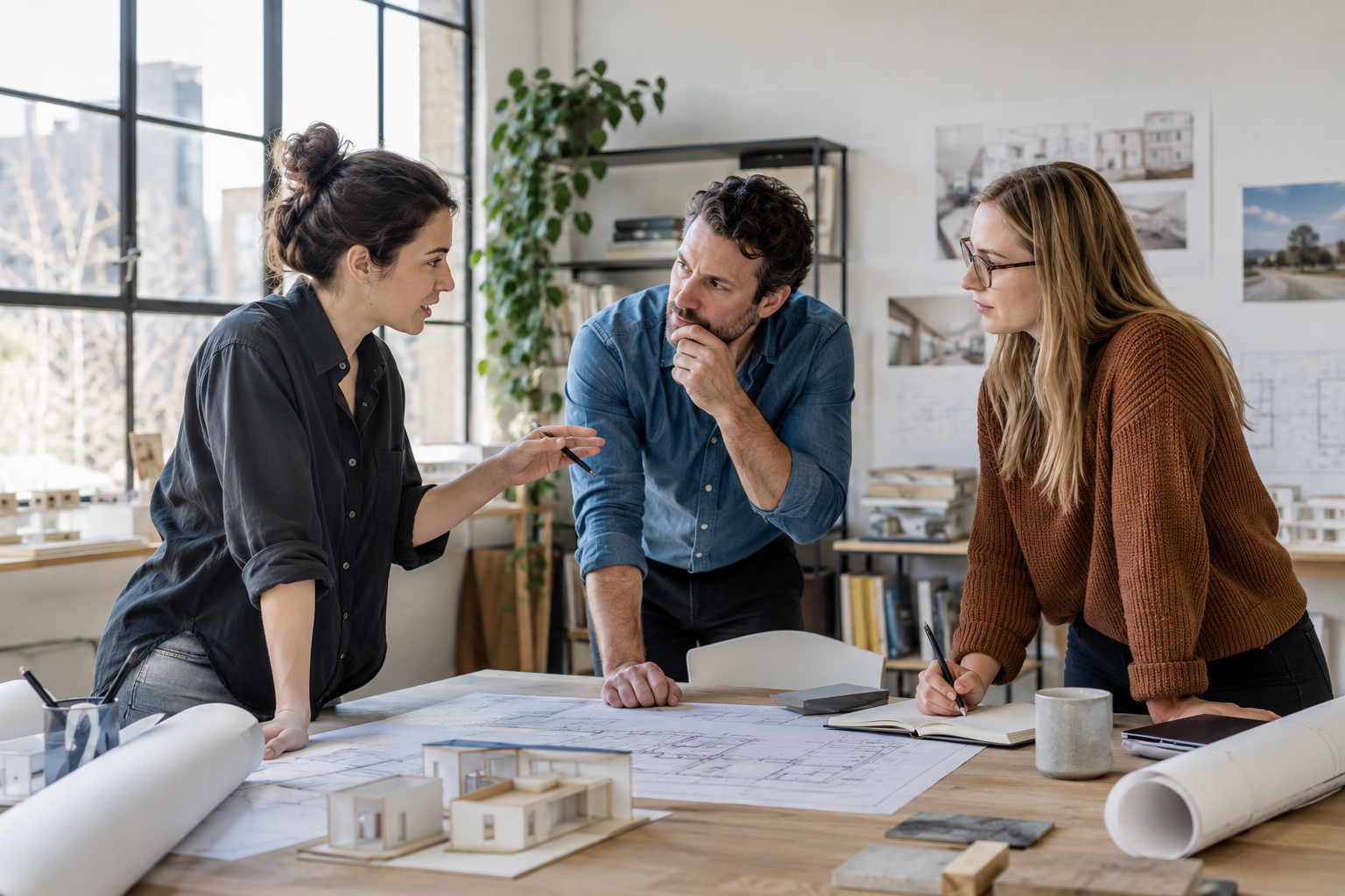 Zespół pracowni architektonicznej omawiający role przy stole