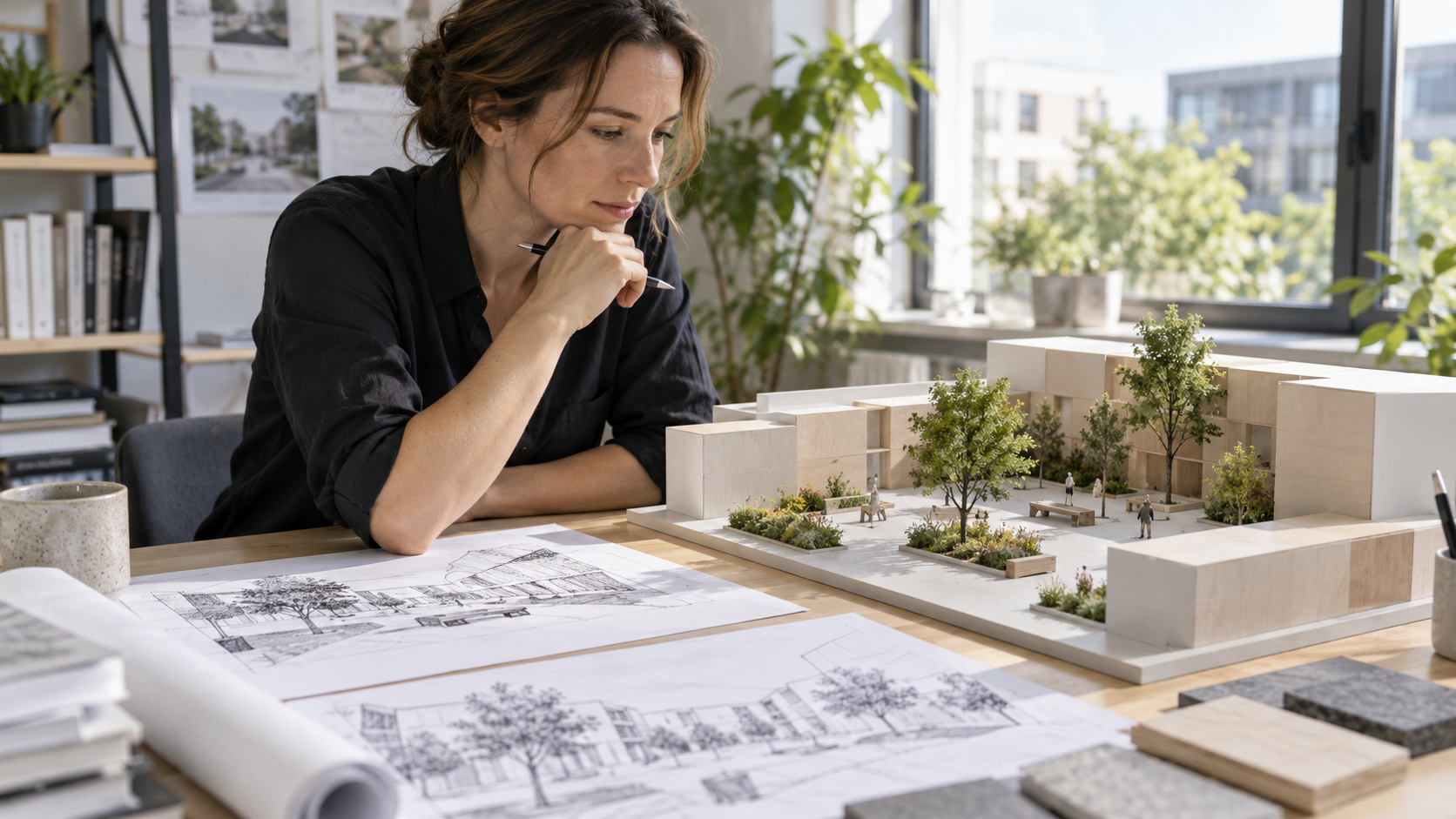 Poglądowy model dziedzińca z małą architekturą w pracowni