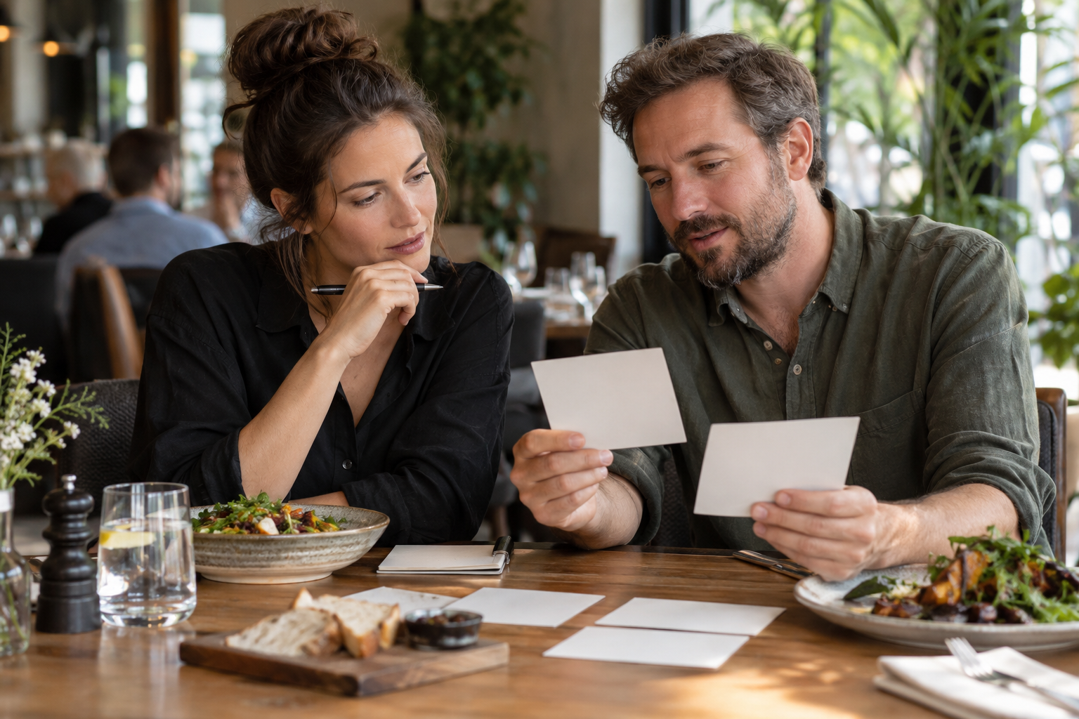 Dwie osoby omawiają projekt przy restauracyjnym stole — ilustracja
